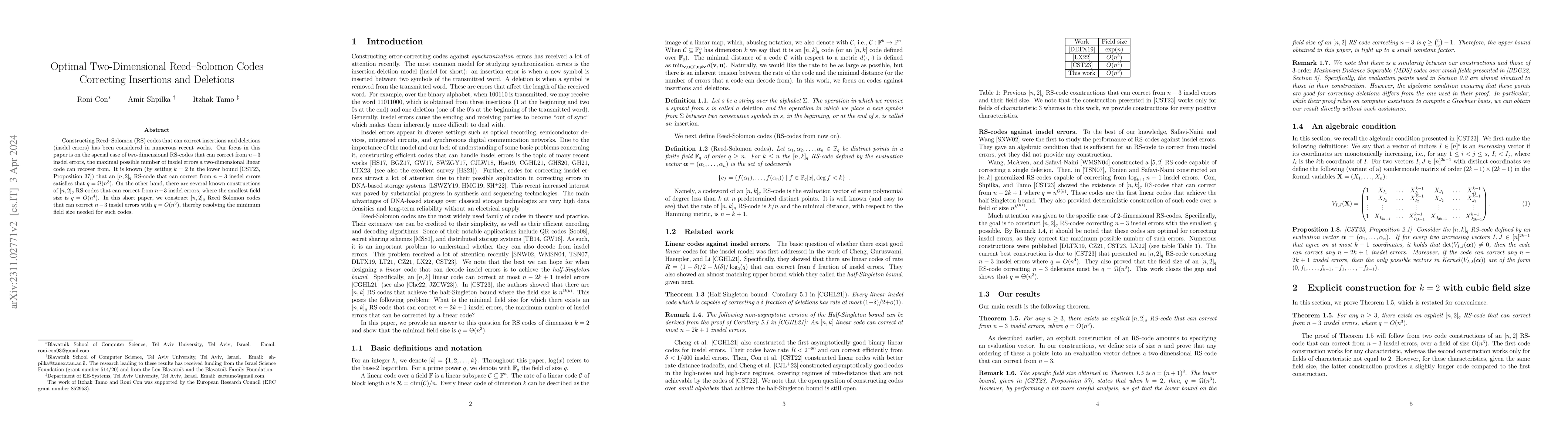 Thumbnail for Optimal Two-Dimensional Reed--Solomon Codes Correcting Insertions and
  Deletions