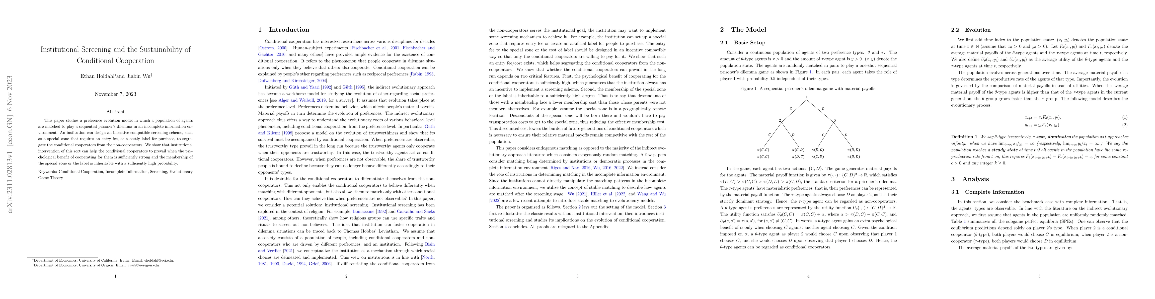 Thumbnail for Institutional Screening and the Sustainability of Conditional
  Cooperation