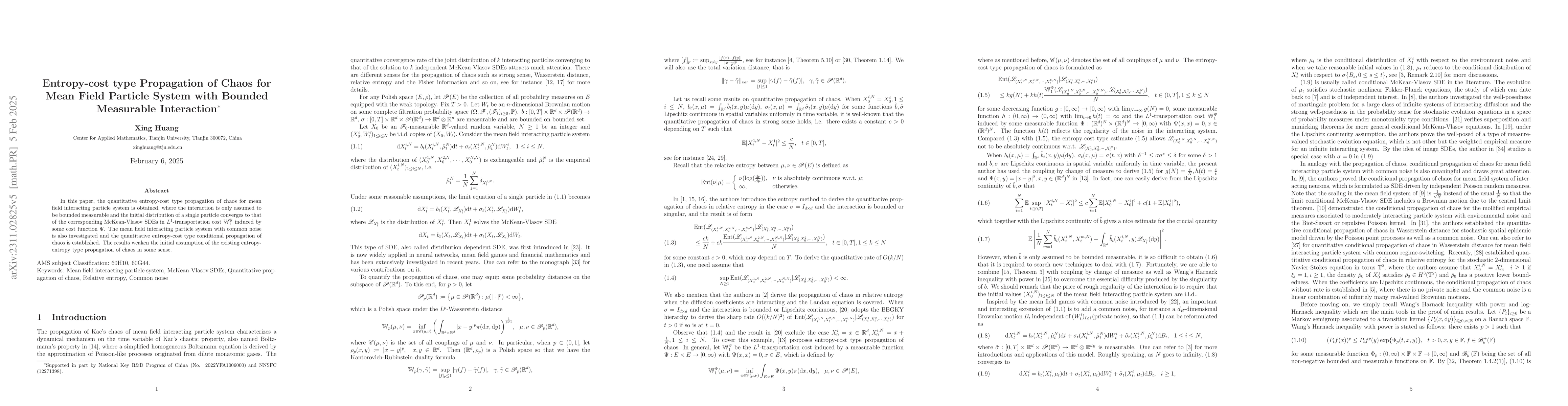 Thumbnail for Entropy-cost type Propagation of Chaos for Mean Field Interacting
  Particle System