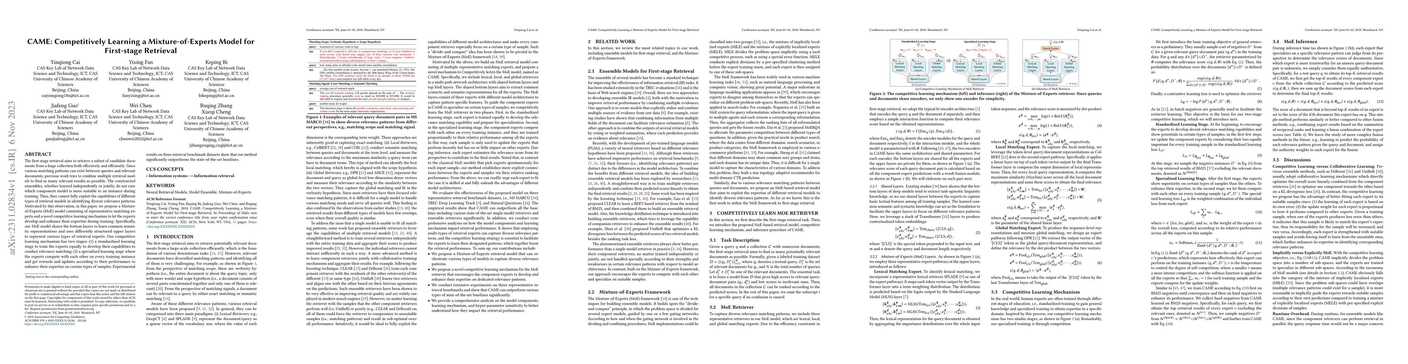 Thumbnail for CAME: Competitively Learning a Mixture-of-Experts Model for First-stage
  Retrieval