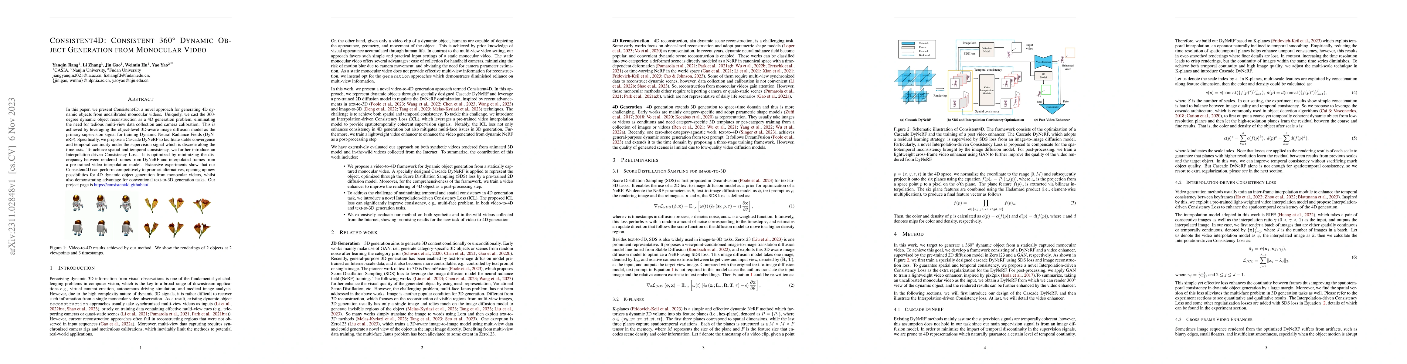 Thumbnail for Consistent4D: Consistent 360{\deg} Dynamic Object Generation from
  Monocular Video