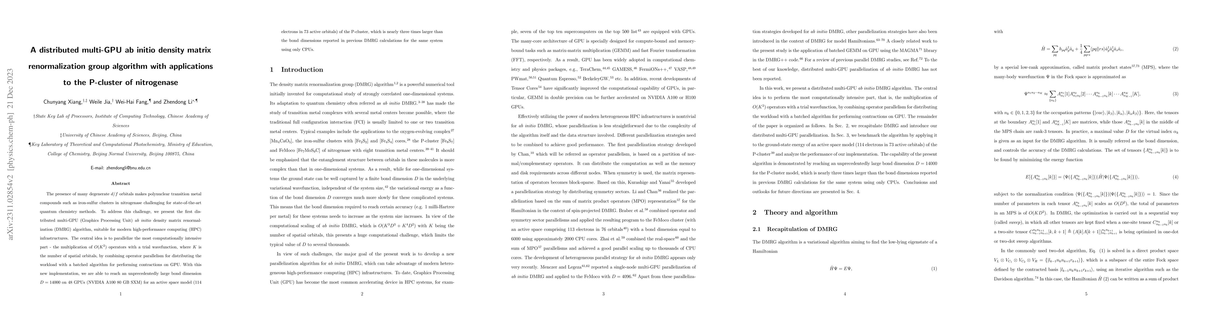 Thumbnail for A distributed multi-GPU ab initio density matrix renormalization group
  algorithm with applications to the P-cluster of nitrogenase