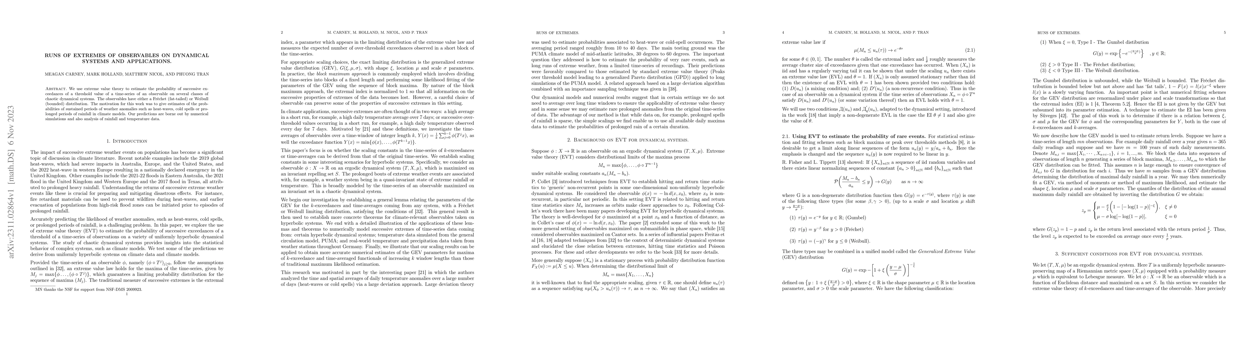 Thumbnail for Runs of Extremes of Observables on Dynamical Systems and Applications