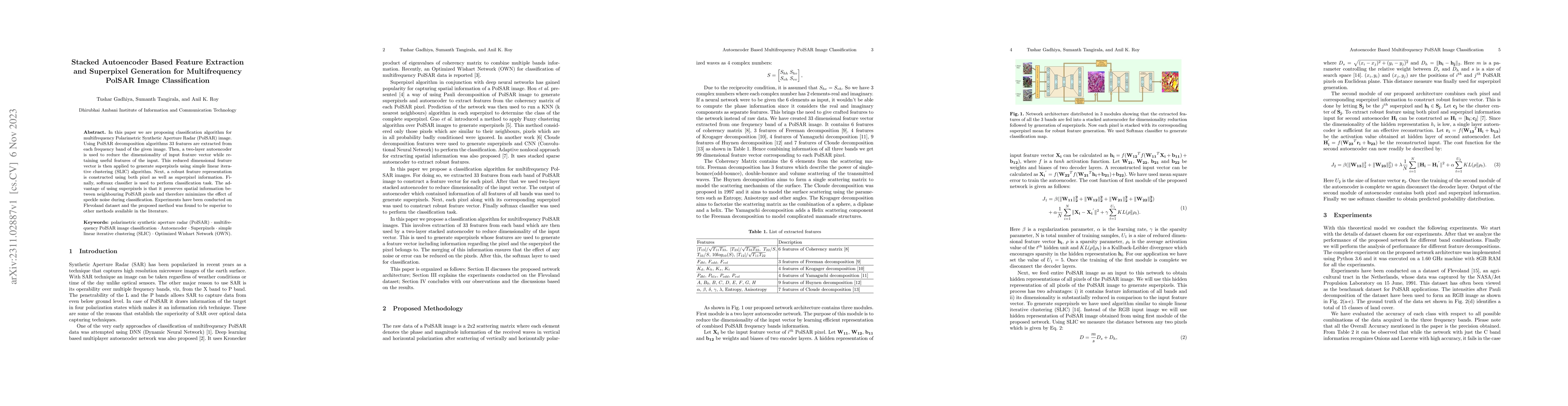Thumbnail for Stacked Autoencoder Based Feature Extraction and Superpixel Generation
  for Multifrequency PolSAR Image Classification