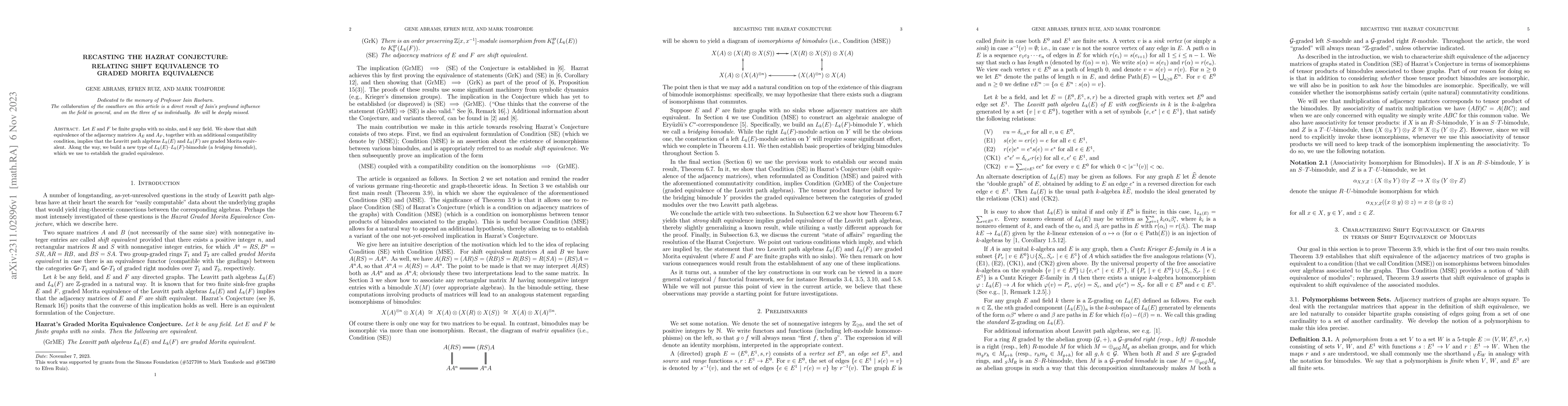 Thumbnail for Recasting the Hazrat Conjecture: Relating Shift Equivalence to Graded
  Morita Equivalence
