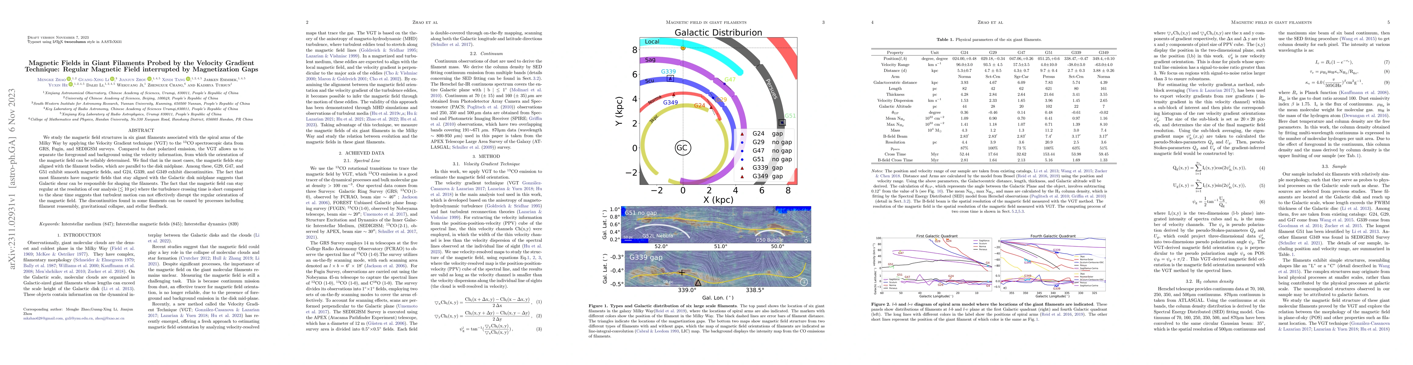 Thumbnail for Magnetic Fields in Giant Filaments Probed by the Velocity Gradient
  Technique: Regular Magnetic Field interrupted by Magnetization Gaps