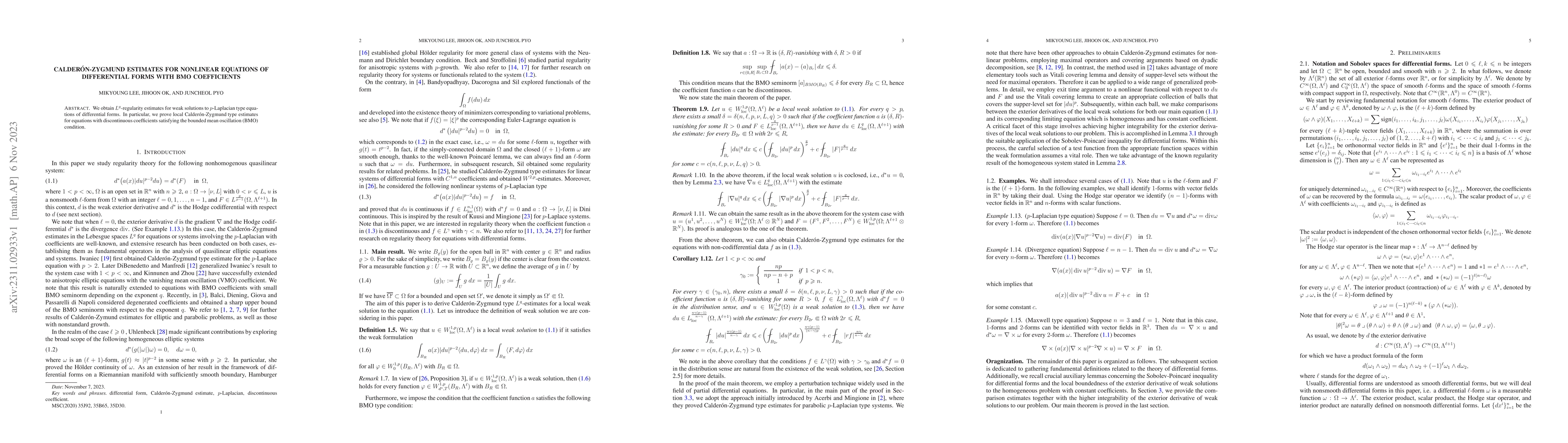 Thumbnail for Calder\'on-Zygmund estimates for nonlinear equations of differential
  forms with BMO coefficients