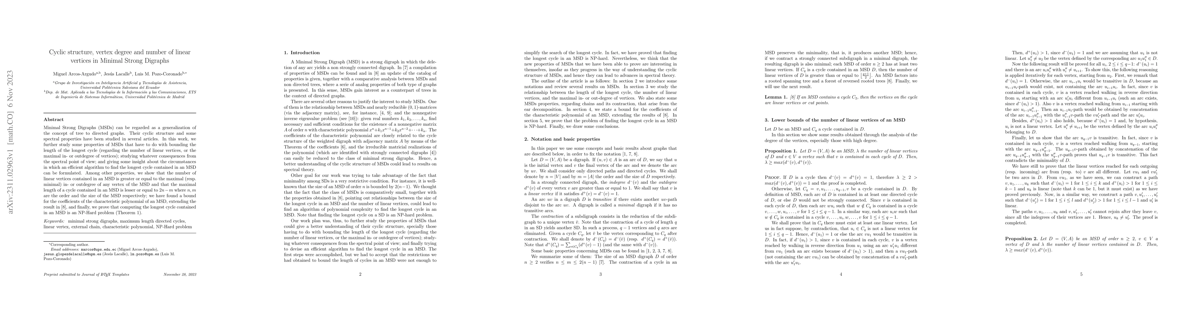 Thumbnail for Cyclic structure, vertex degree and number of linear vertices in Minimal
  Strong Digraphs
