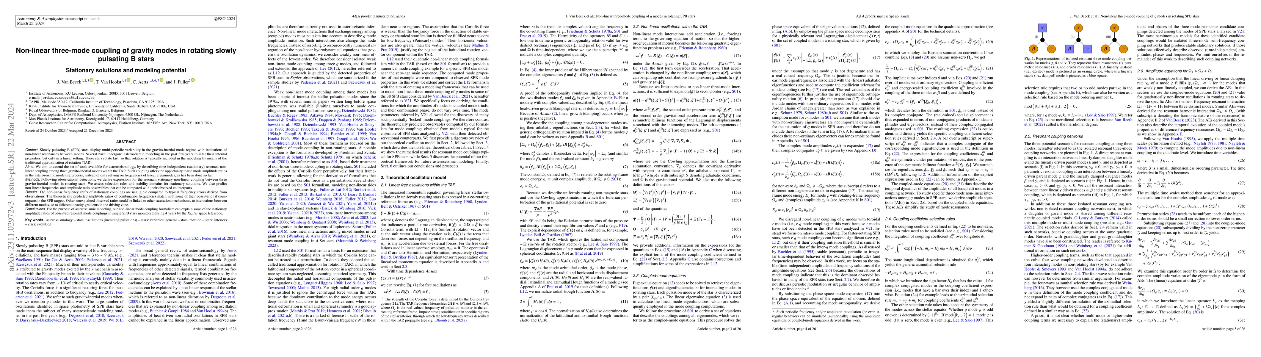Thumbnail for Non-linear Three-mode Coupling of Gravity Modes in Rotating Slowly
  Pulsating B Stars: Stationary Solutions and Modeling Potential