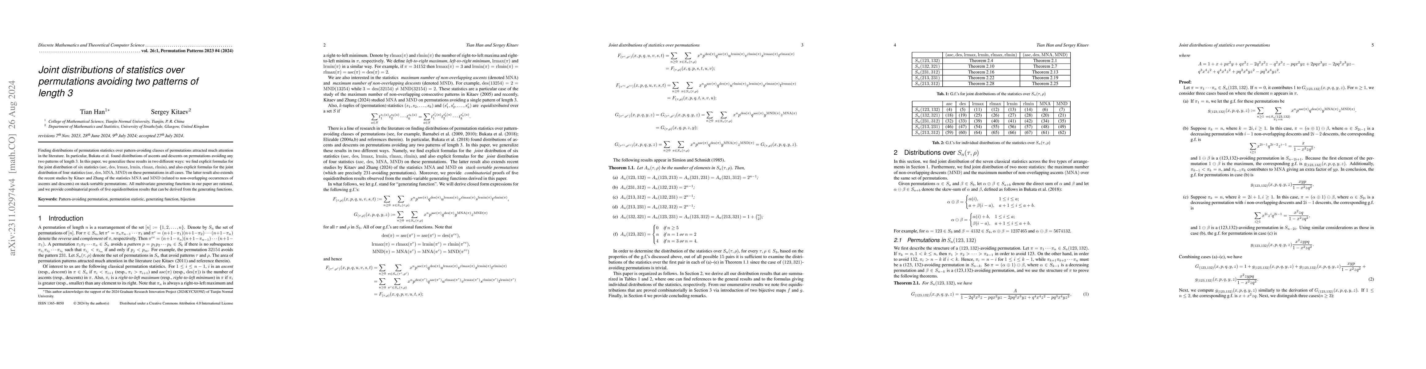 Thumbnail for Joint distributions of statistics over permutations avoiding two
  patterns of length 3