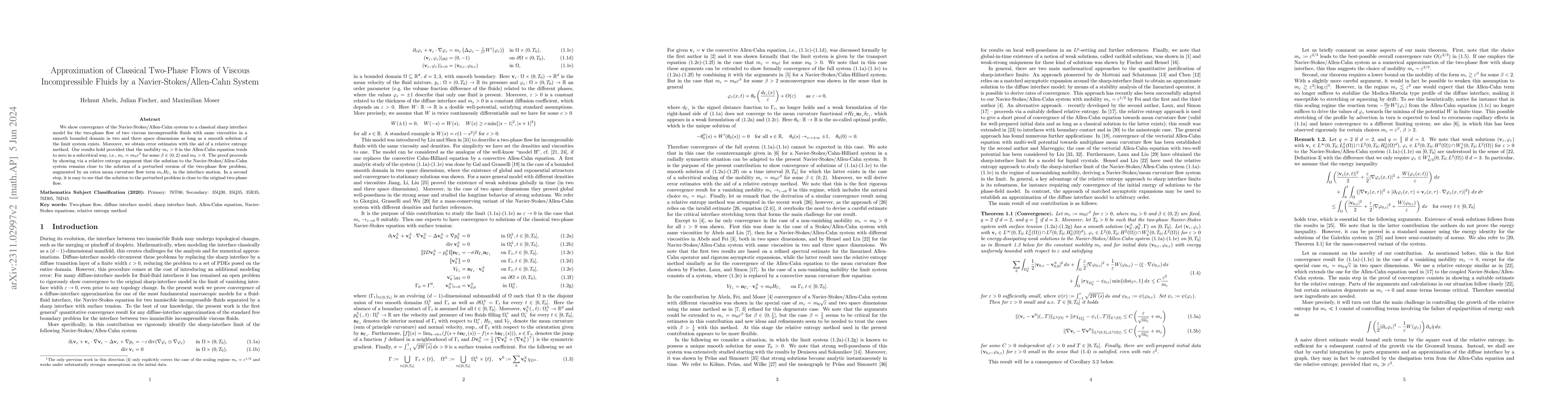 Thumbnail for Approximation of Classical Two-Phase Flows of Viscous Incompressible
  Fluids by a Navier-Stokes/Allen-Cahn System
