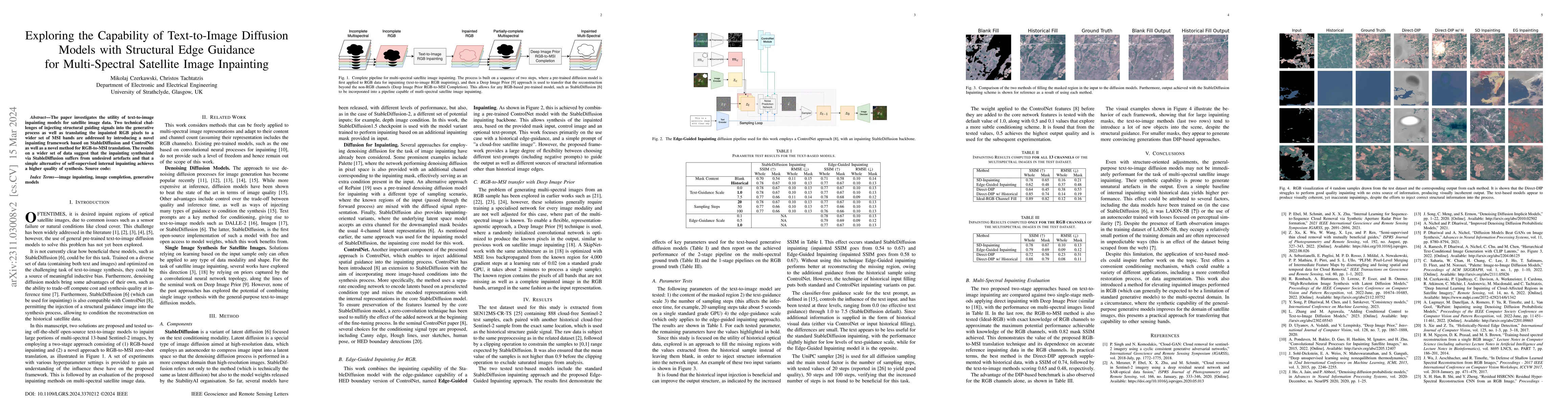Thumbnail for Exploring the Capability of Text-to-Image Diffusion Models with
  Structural Edge Guidance for Multi-Spectral Satellite Image Inpainting