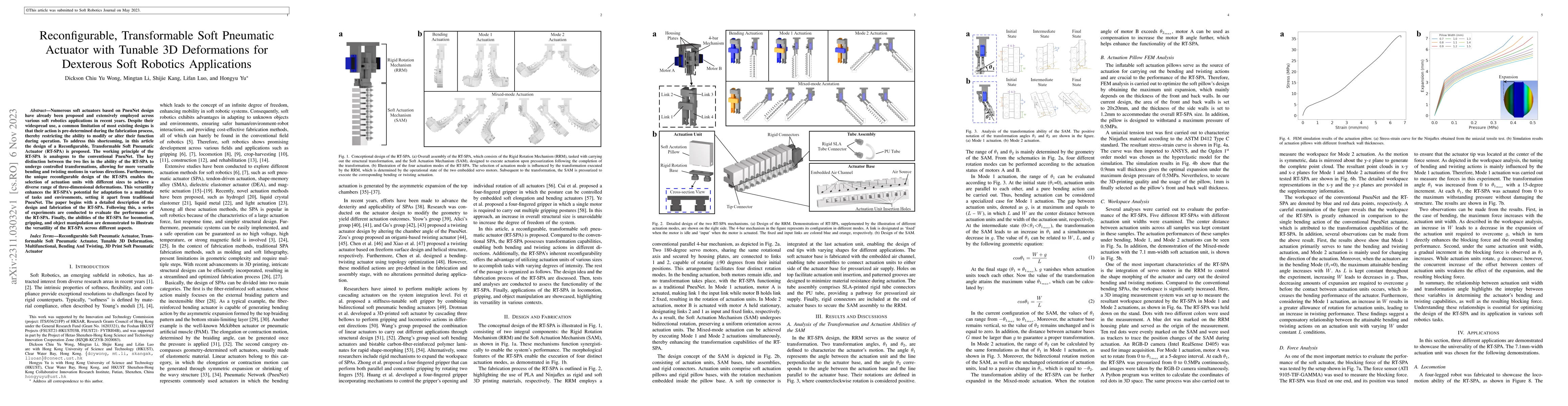 Thumbnail for Reconfigurable, Transformable Soft Pneumatic Actuator with Tunable 3D
  Deformations for Dexterous Soft Robotics Applications