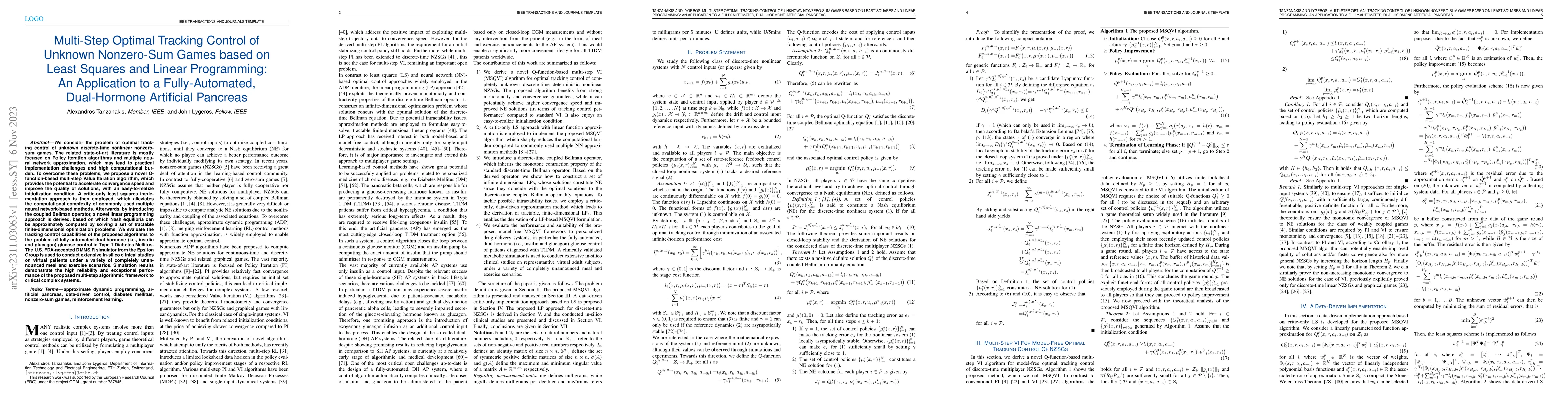 Thumbnail for Multi-Step Optimal Tracking Control of Unknown Nonzero-Sum Games based
  on Least Squares and Linear Programming: An Application to a Fully-Automated,
  Dual-Hormone Artificial Pancreas