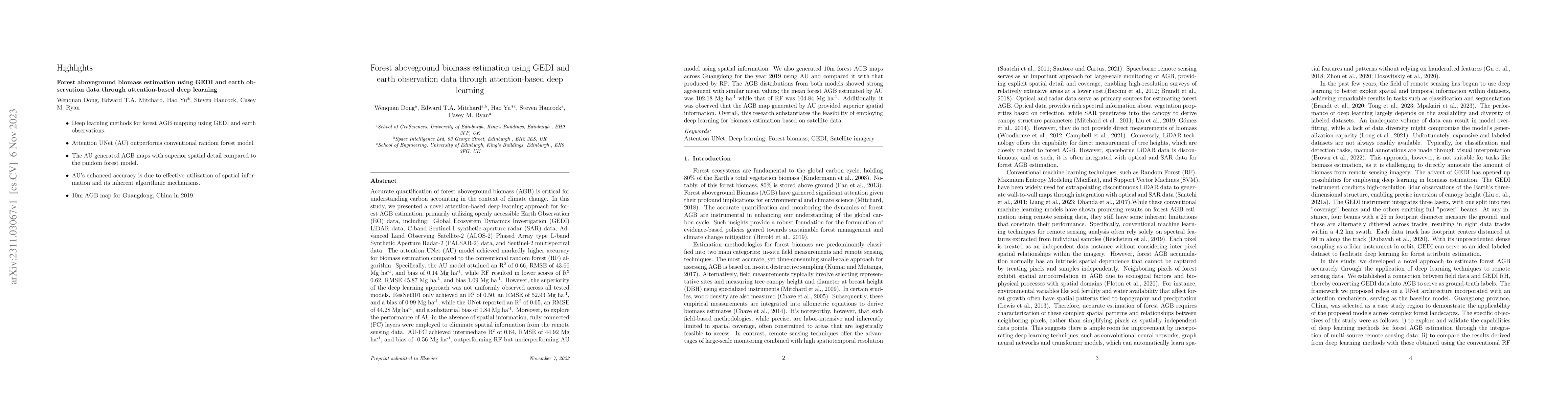 Thumbnail for Forest aboveground biomass estimation using GEDI and earth observation
  data through attention-based deep learning