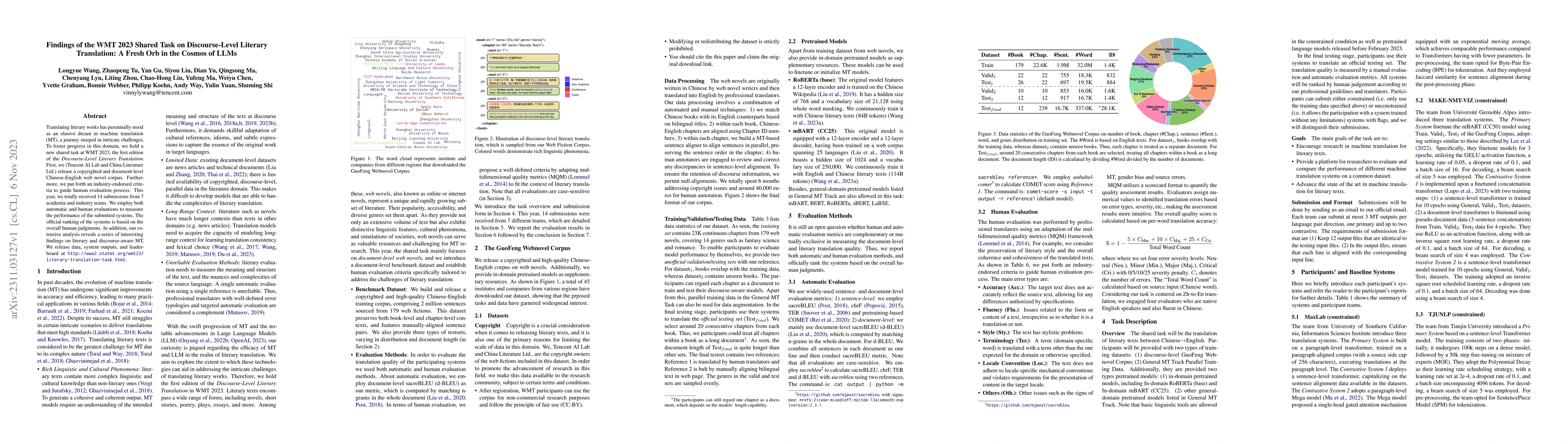 Thumbnail for Findings of the WMT 2023 Shared Task on Discourse-Level Literary
  Translation: A Fresh Orb in the Cosmos of LLMs