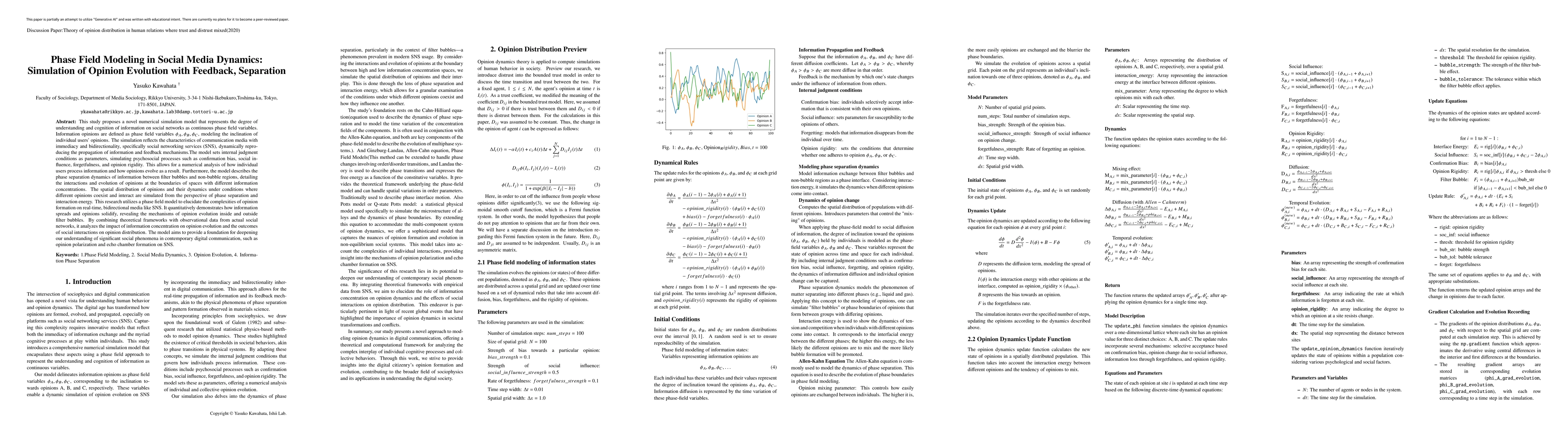 Thumbnail for Phase Field Modeling in Social Media Dynamics:Simulation of Opinion
  Evolution with Feedback, Separation