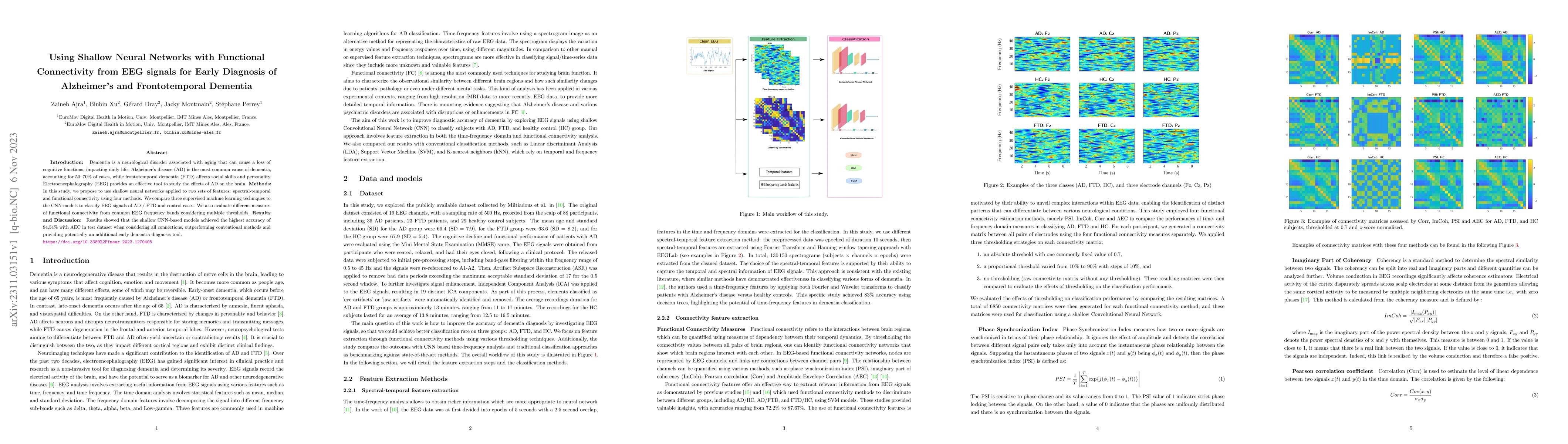 Thumbnail for Using Shallow Neural Networks with Functional Connectivity from EEG
  signals for Early Diagnosis of Alzheimer's and Frontotemporal Dementia