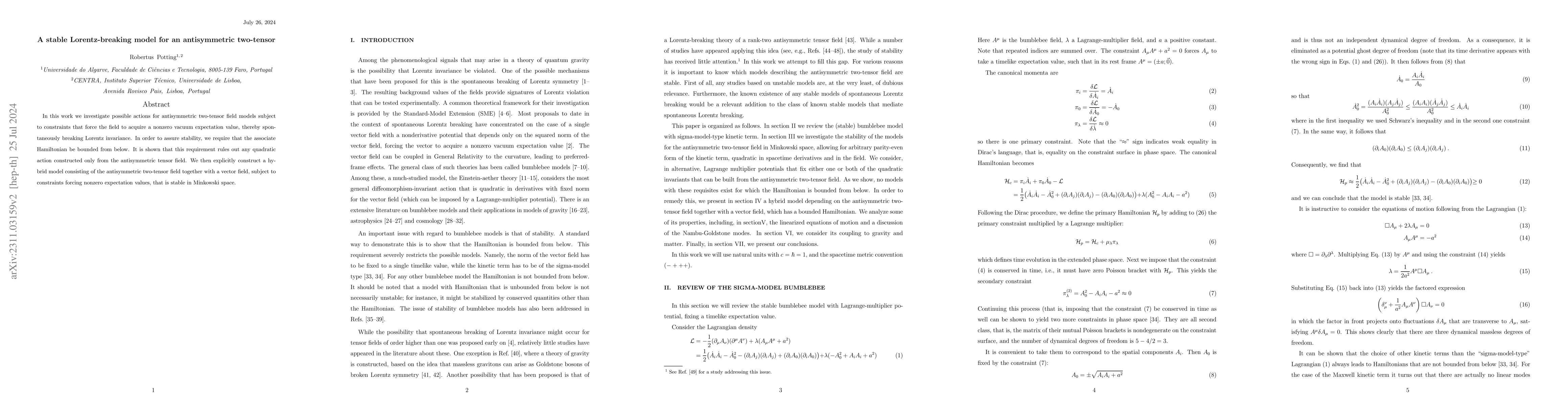 Thumbnail for A stable Lorentz-breaking model for an antisymmetric two-tensor