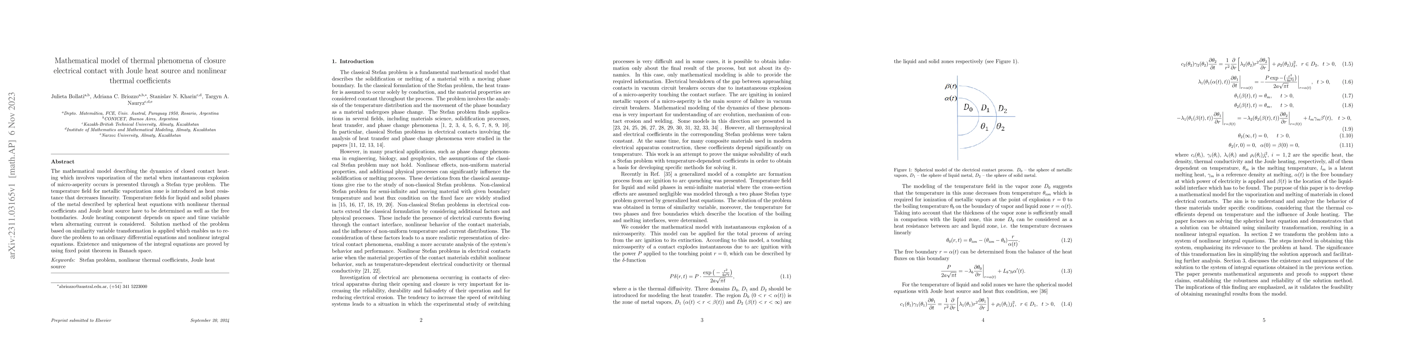 Thumbnail for Mathematical model of thermal phenomena of closure electrical contact
  with Joule heat source and nonlinear thermal coefficients