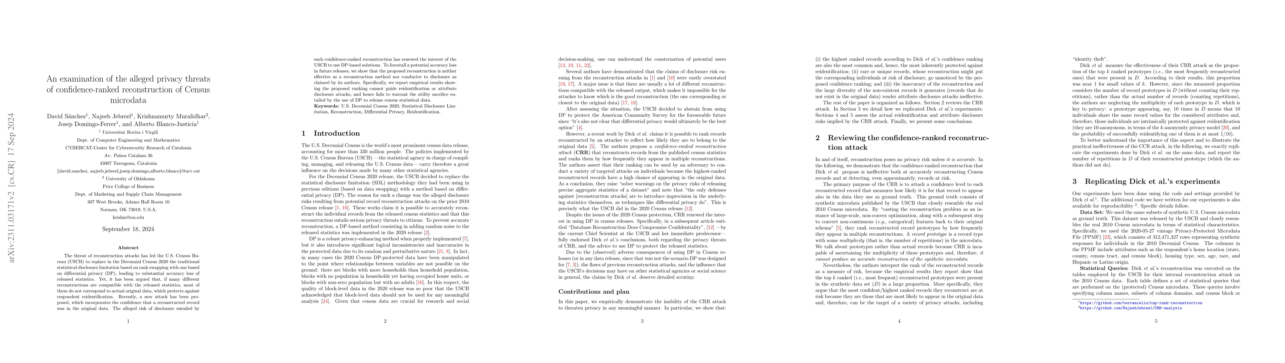 Thumbnail for An Examination of the Alleged Privacy Threats of Confidence-Ranked
  Reconstruction of Census Microdata
