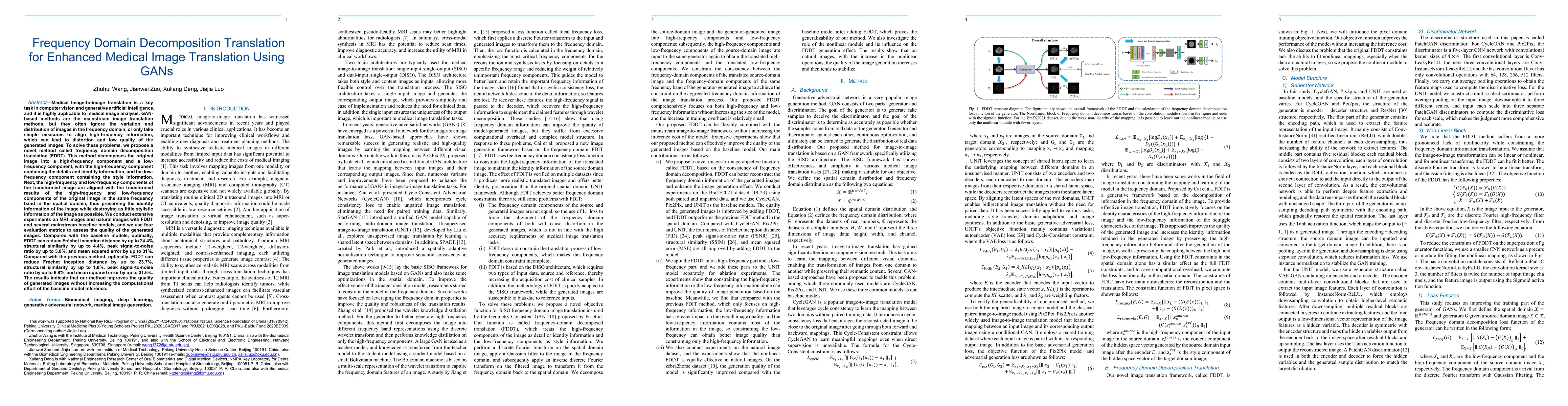 Thumbnail for Frequency Domain Decomposition Translation for Enhanced Medical Image
  Translation Using GANs