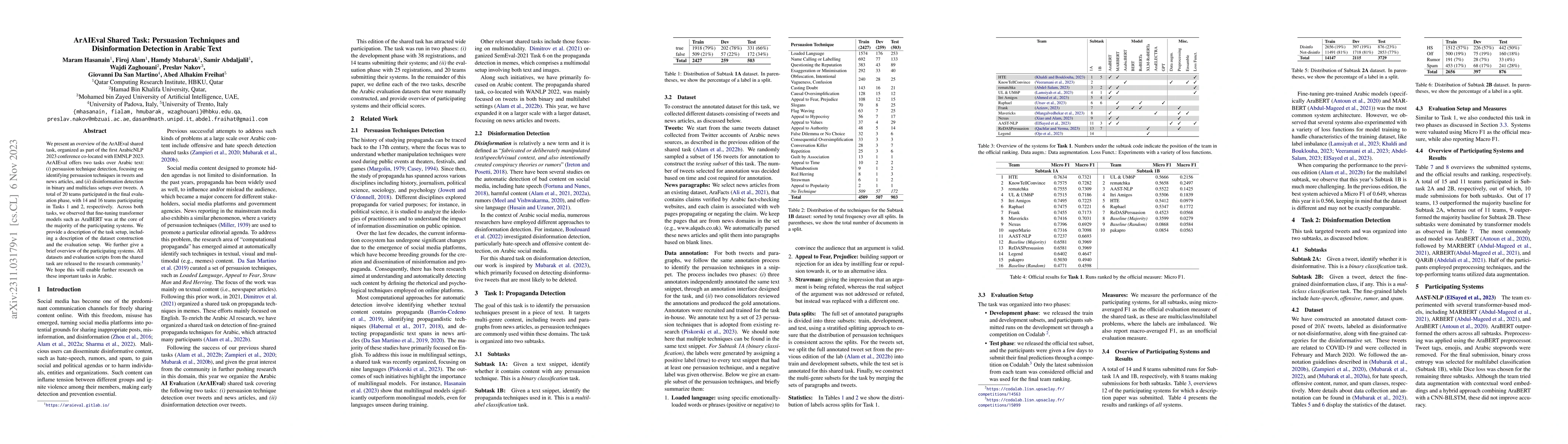 Thumbnail for ArAIEval Shared Task: Persuasion Techniques and Disinformation Detection
  in Arabic Text