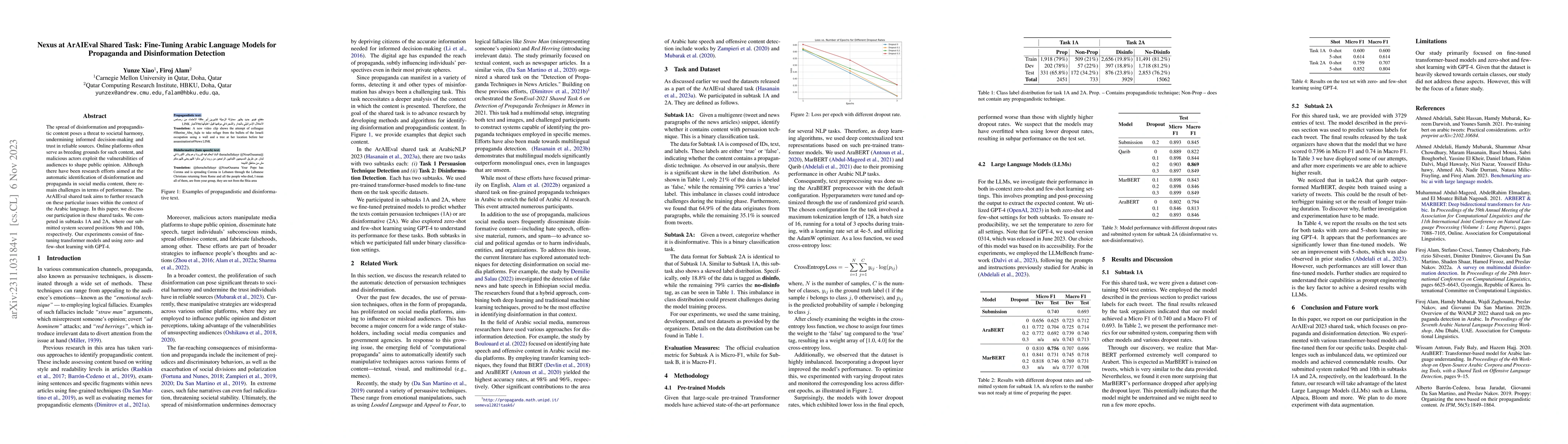 Thumbnail for Nexus at ArAIEval Shared Task: Fine-Tuning Arabic Language Models for
  Propaganda and Disinformation Detection