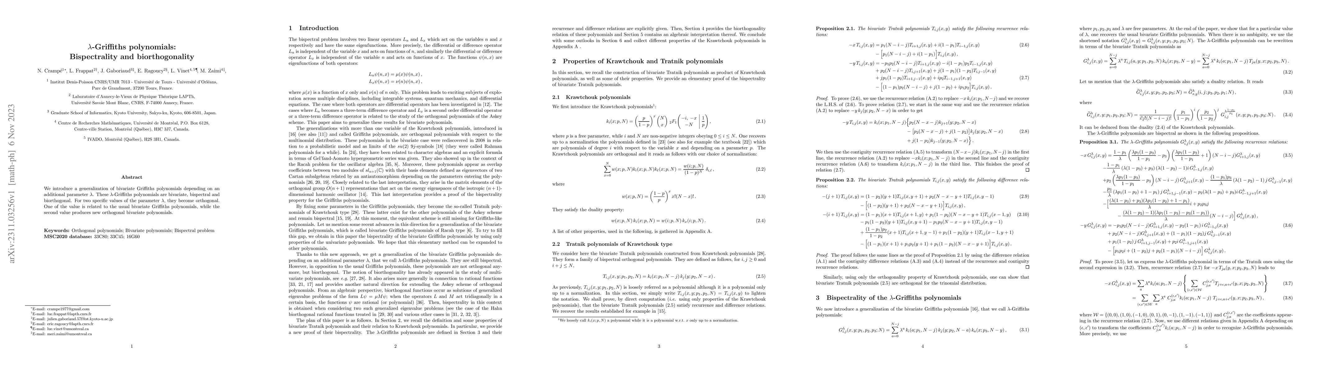 Thumbnail for $\lambda$-Griffiths polynomials: Bispectrality and biorthogonality