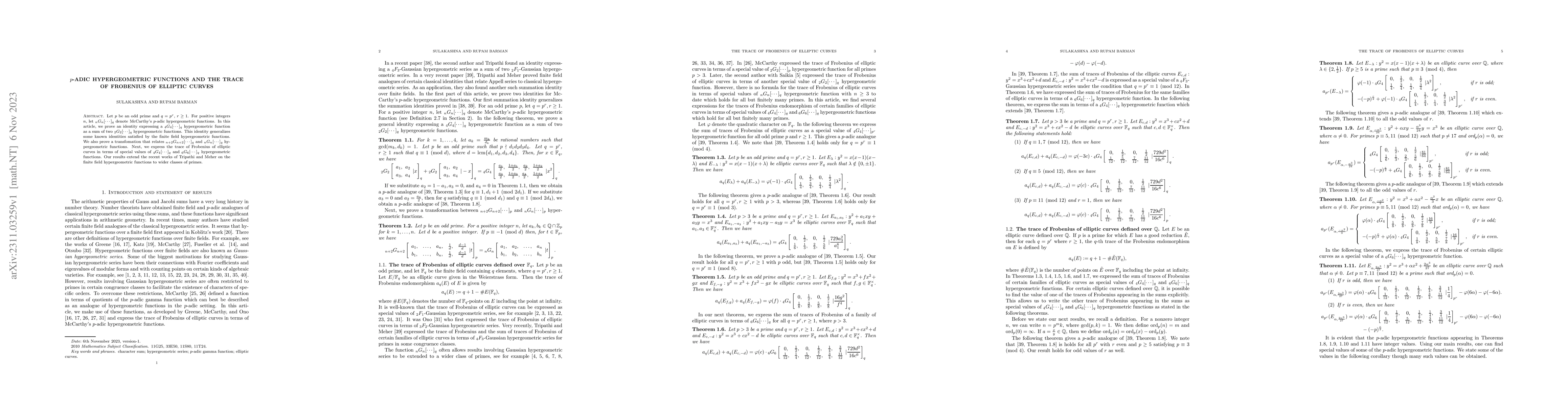 Thumbnail for $p$-Adic hypergeometric functions and the trace of Frobenius of elliptic
  curves