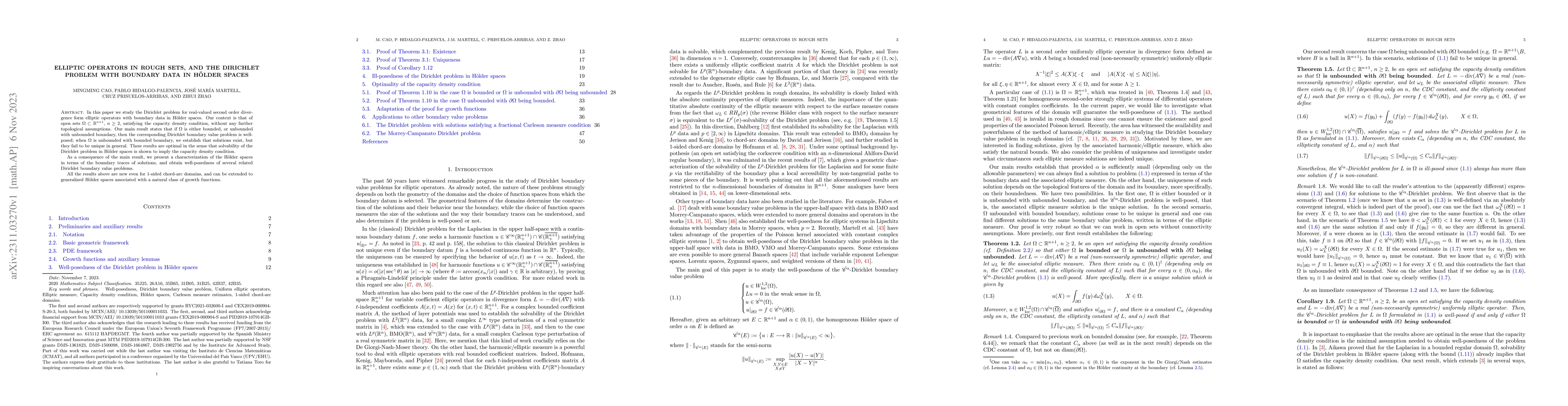 Thumbnail for Elliptic operators in rough sets, and the Dirichlet problem with
  boundary data in H\"older spaces