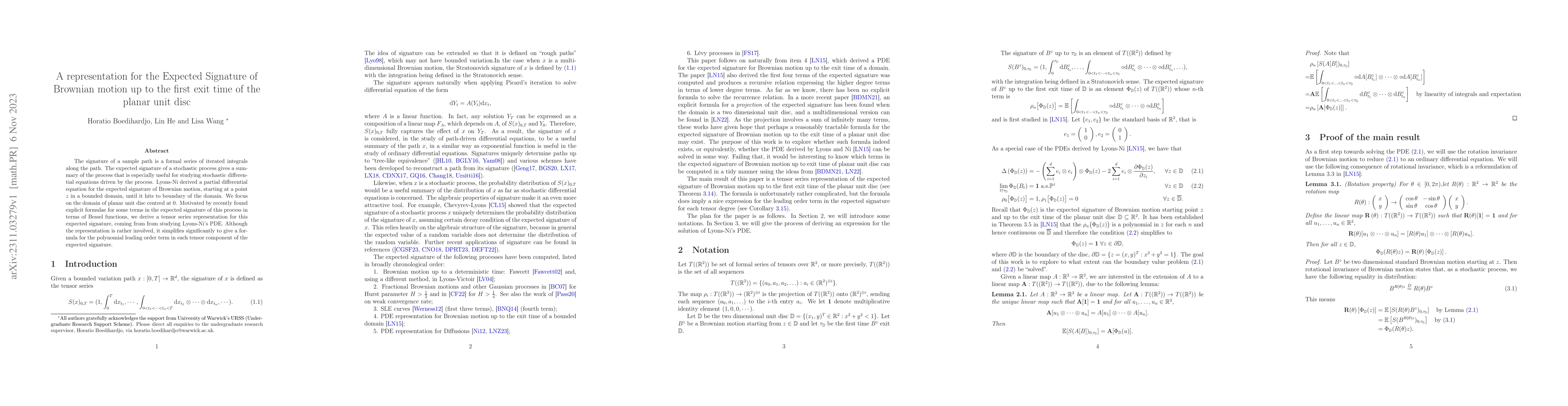 Thumbnail for A representation for the Expected Signature of Brownian motion up to the
  first exit time of the planar unit disc