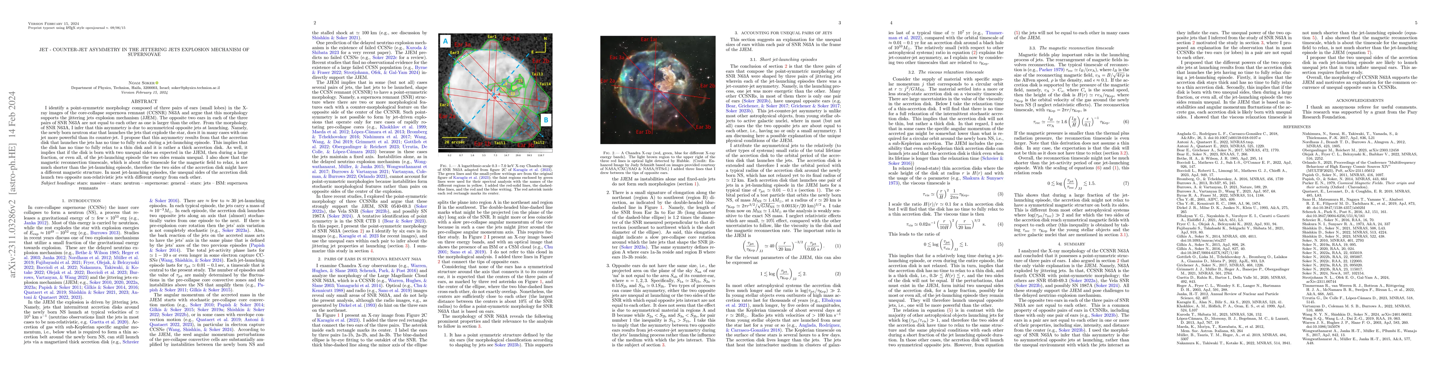 Thumbnail for Jet - counter-jet asymmetry in the jittering jets explosion mechanism of
  supernovae
