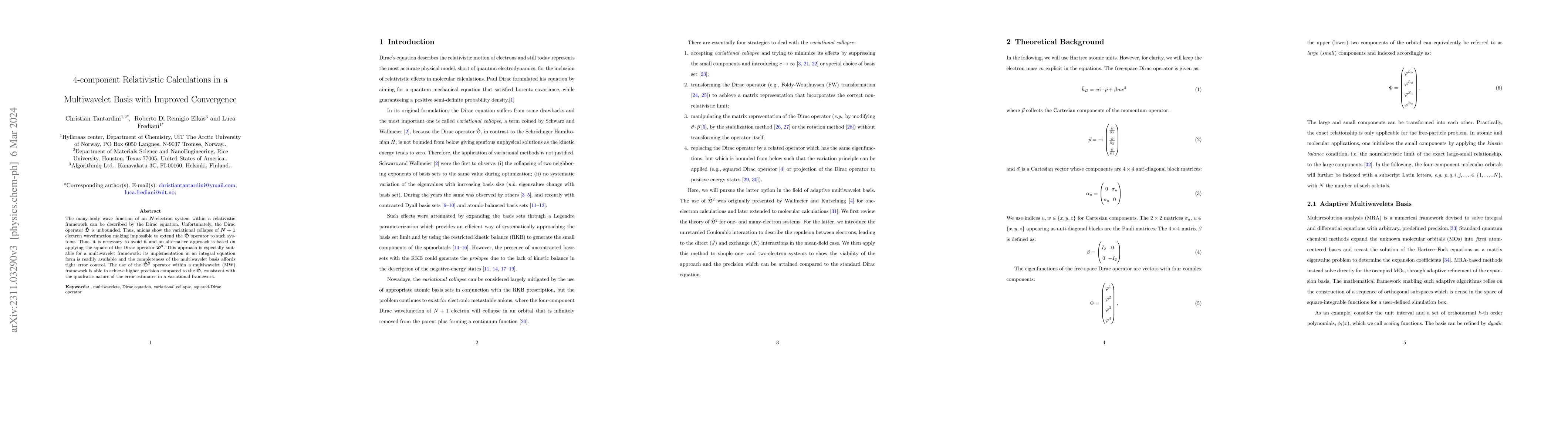 Thumbnail for 4-component Relativistic Calculations in a Multiwavelet Basis with
  Improved Convergence