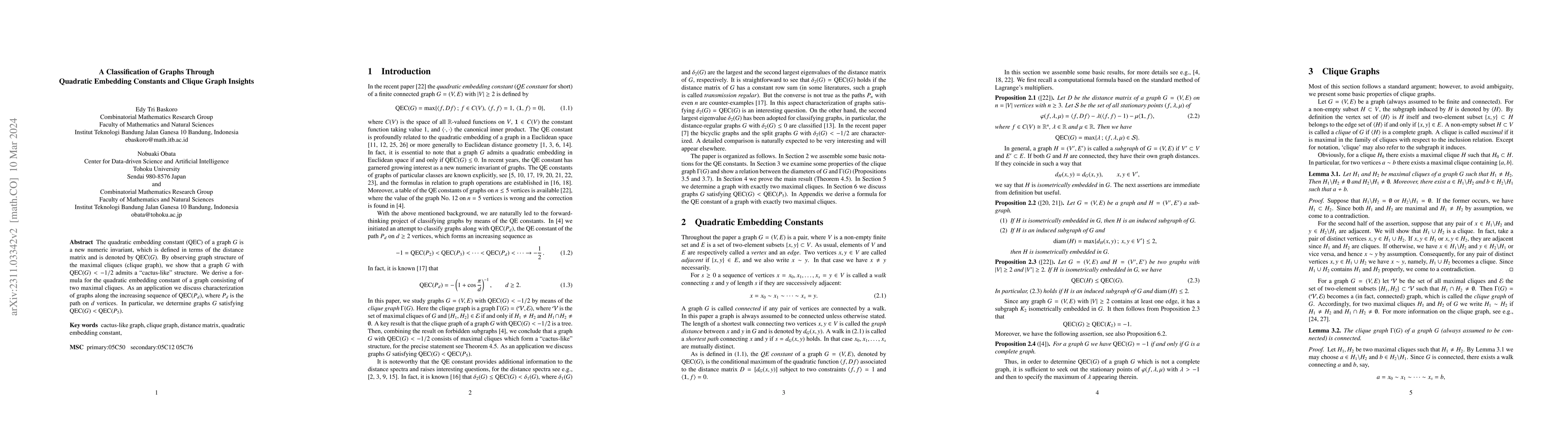 Thumbnail for A Classification of Graphs through Quadratic Embedding Constants and
  Clique Graph Insights