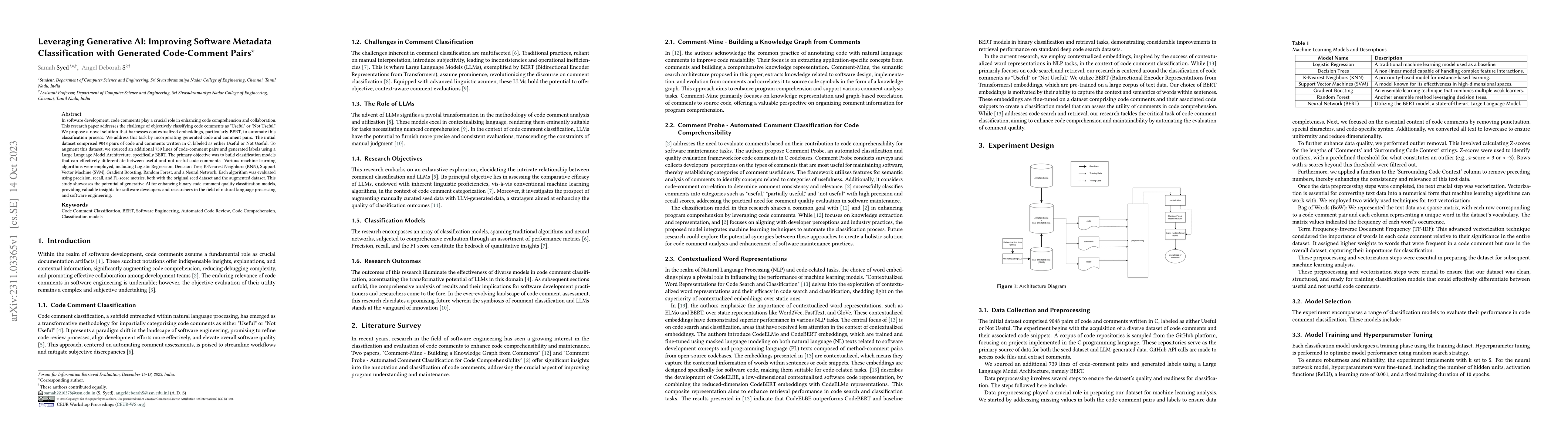 Thumbnail for Leveraging Generative AI: Improving Software Metadata Classification
  with Generated Code-Comment Pairs