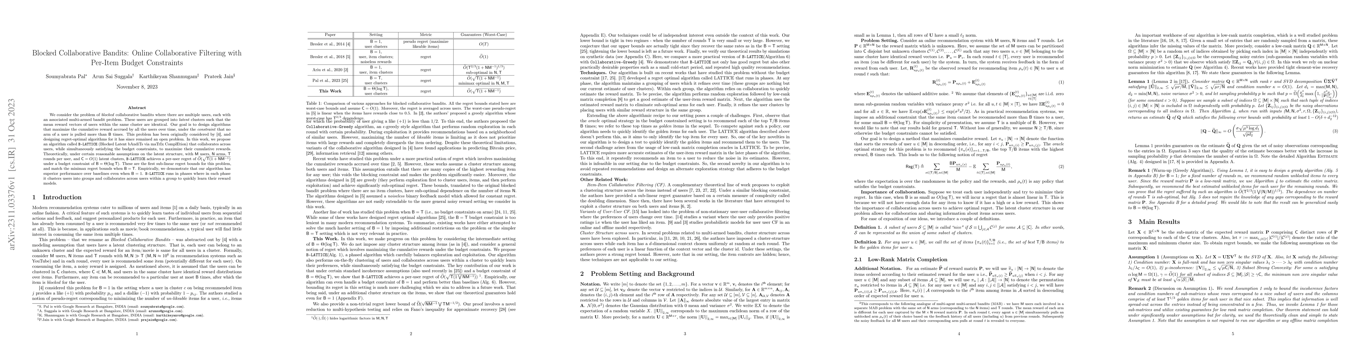 Thumbnail for Blocked Collaborative Bandits: Online Collaborative Filtering with
  Per-Item Budget Constraints