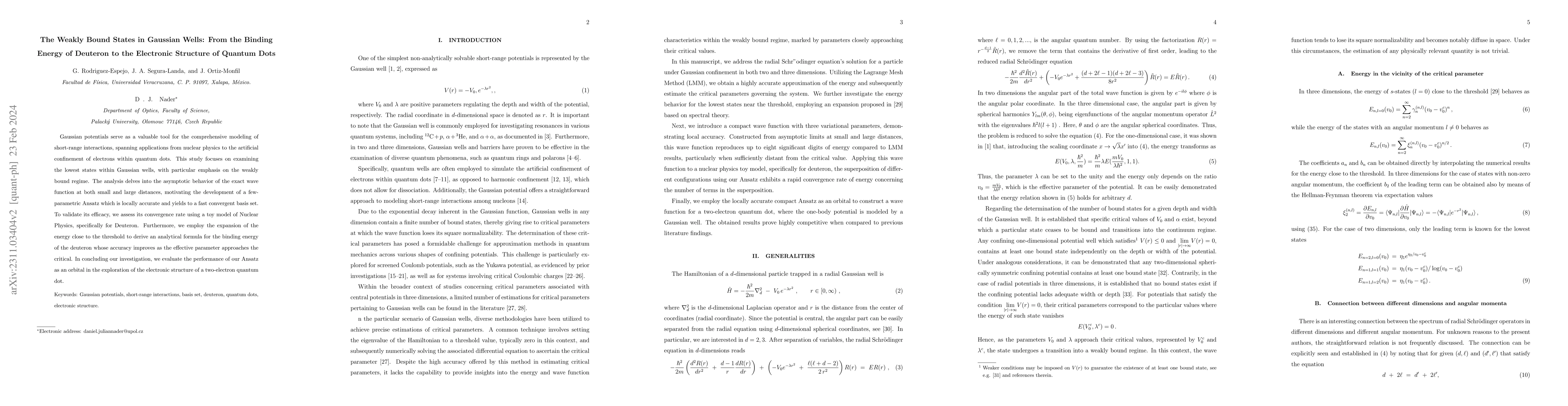 Thumbnail for The Weakly Bound States in Gaussian Wells: From the Binding Energy of
  Deuteron to the Electronic Structure of Quantum Dots
