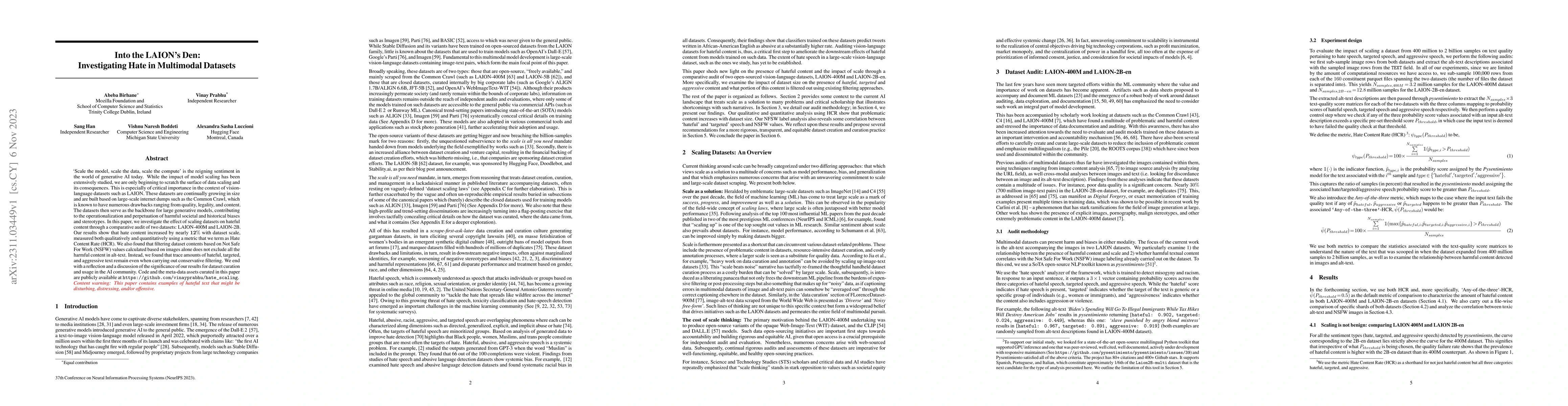 Thumbnail for Into the LAIONs Den: Investigating Hate in Multimodal Datasets