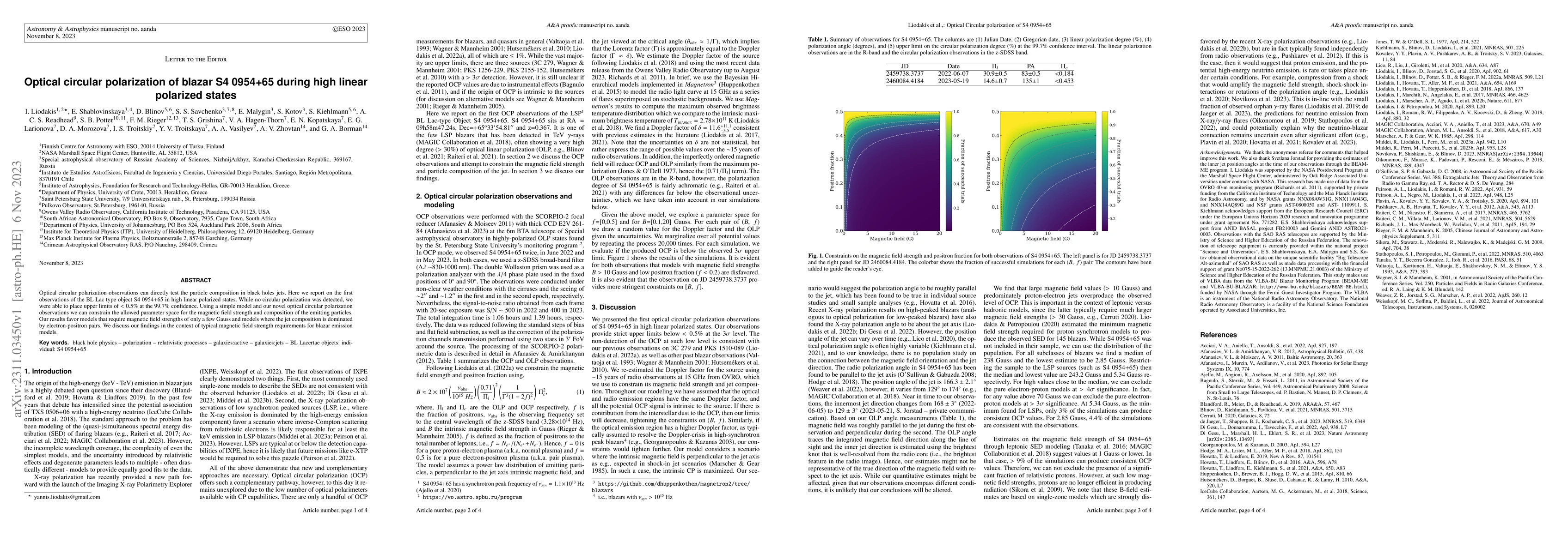 Thumbnail for Optical circular polarization of blazar S4 0954+65 during high linear
  polarized states