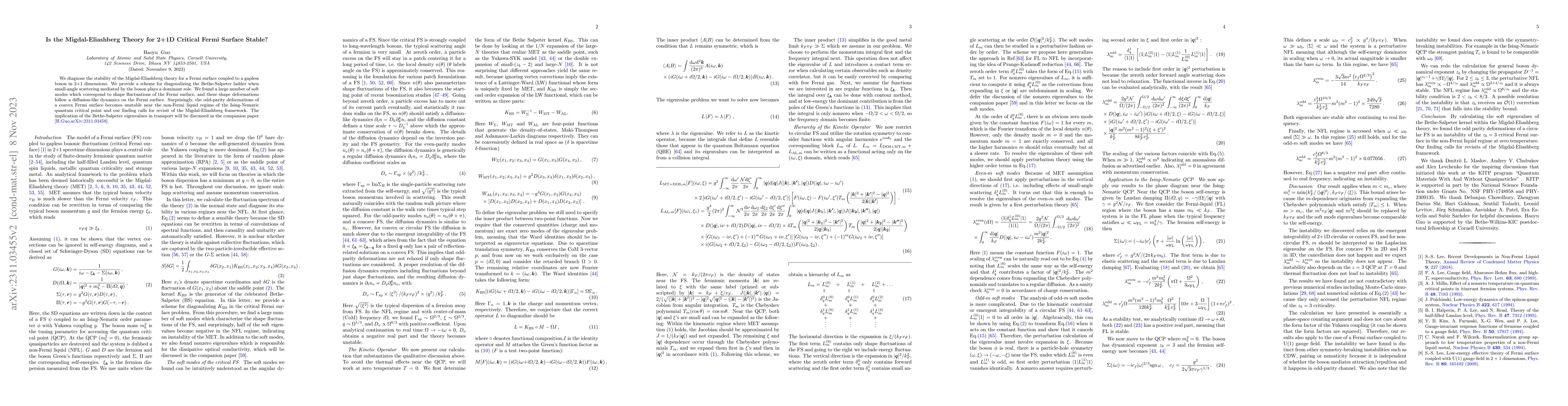 Thumbnail for Is the Migdal-Eliashberg Theory for 2+1D Critical Fermi Surface Stable?