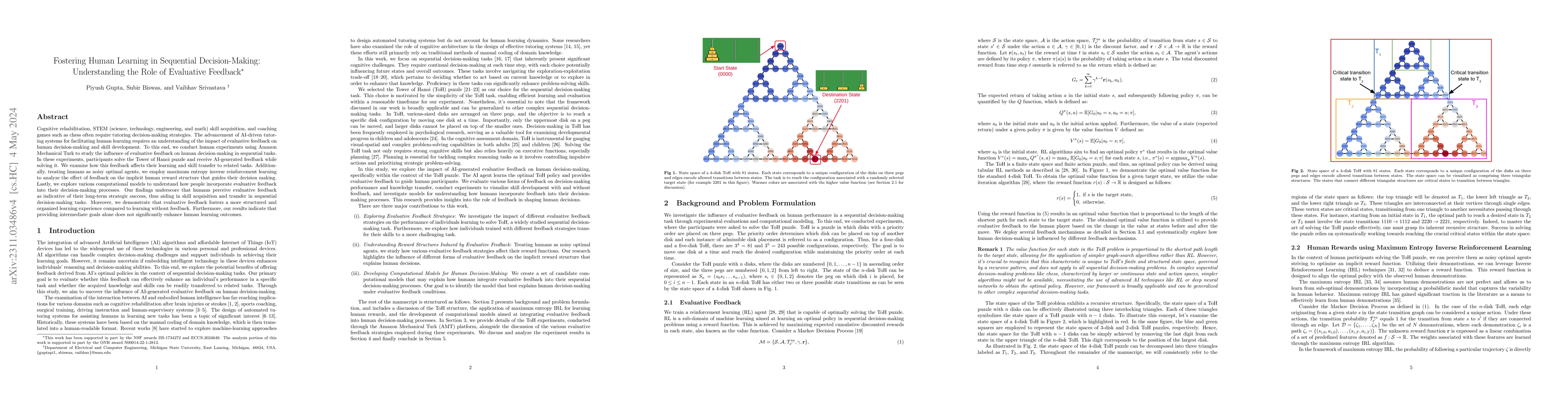 Thumbnail for Fostering Human Learning in Sequential Decision-Making: Understanding
  the Role of Evaluative Feedback