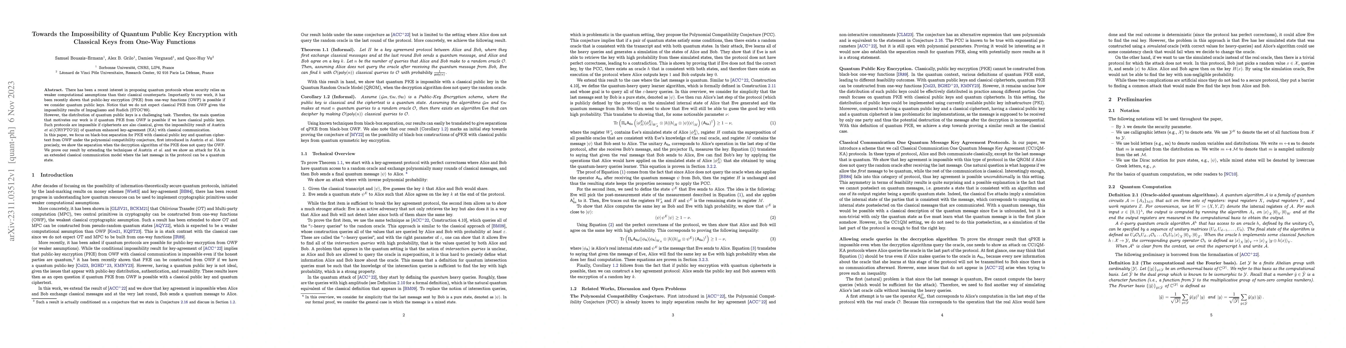 Thumbnail for Towards the Impossibility of Quantum Public Key Encryption with
  Classical Keys from One-Way Functions