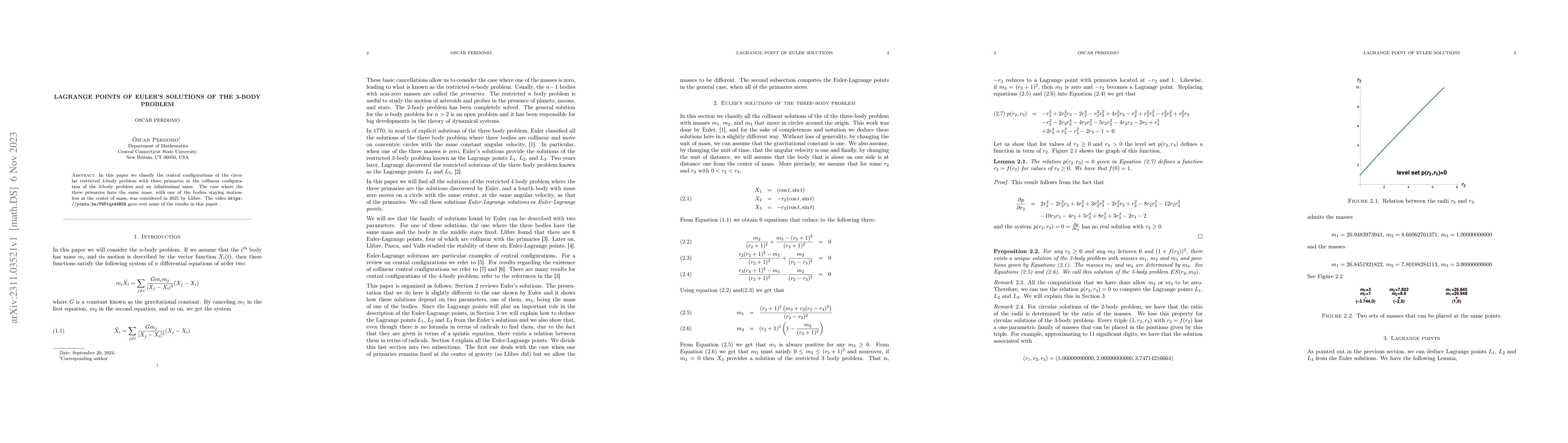 Thumbnail for Lagrange points of Euler's solutions of the 3-body problem