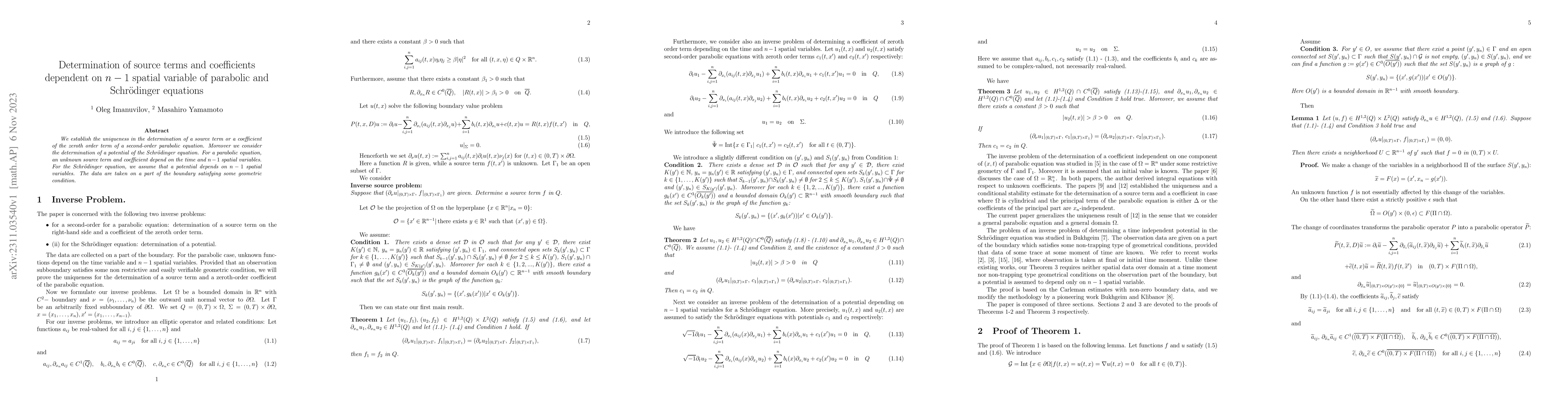 Thumbnail for Determination of source terms and coefficients dependent on $n-1$
  spatial variable of parabolic and Schr\"odinger equations