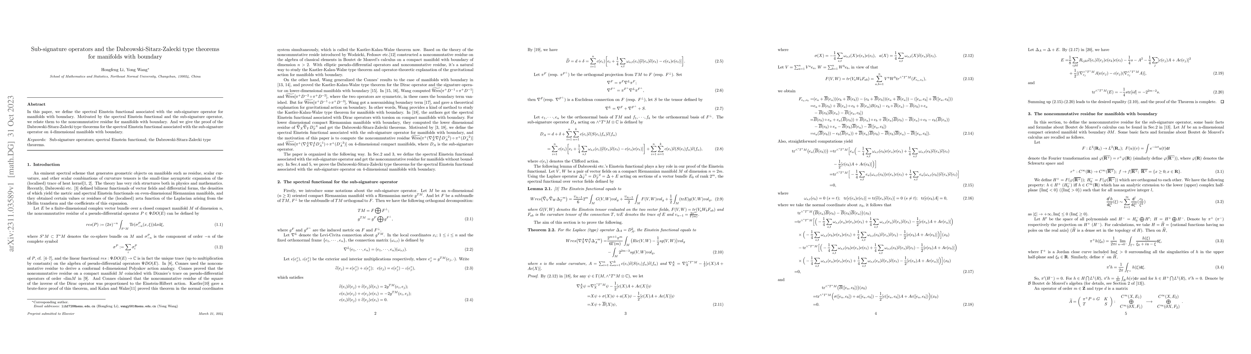 Thumbnail for Sub-signature operators and the Dabrowski-Sitarz-Zalecki type theorems
  for manifolds with boundary
