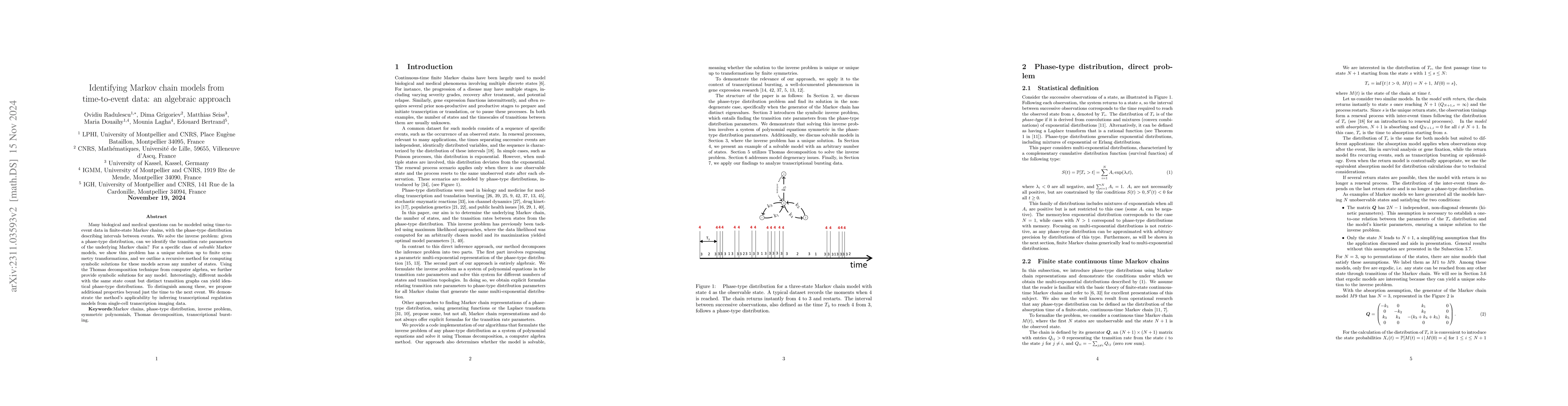 Thumbnail for Identifying Markov chain models from time-to-event data: an algebraic
  approach