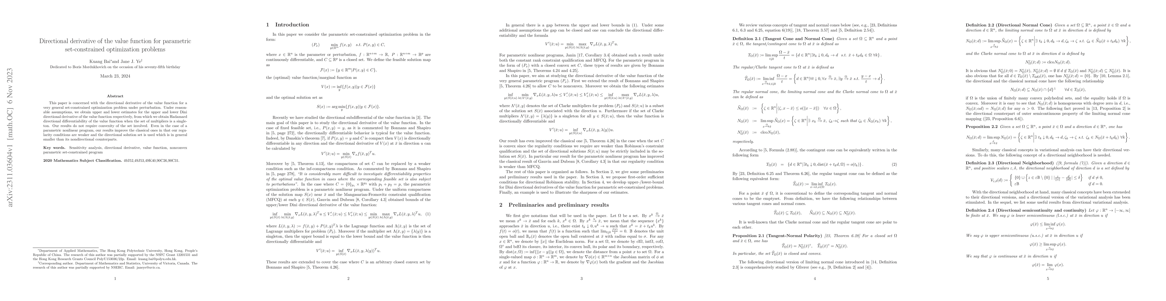 Thumbnail for Directional derivative of the value function for parametric
  set-constrained optimization problems