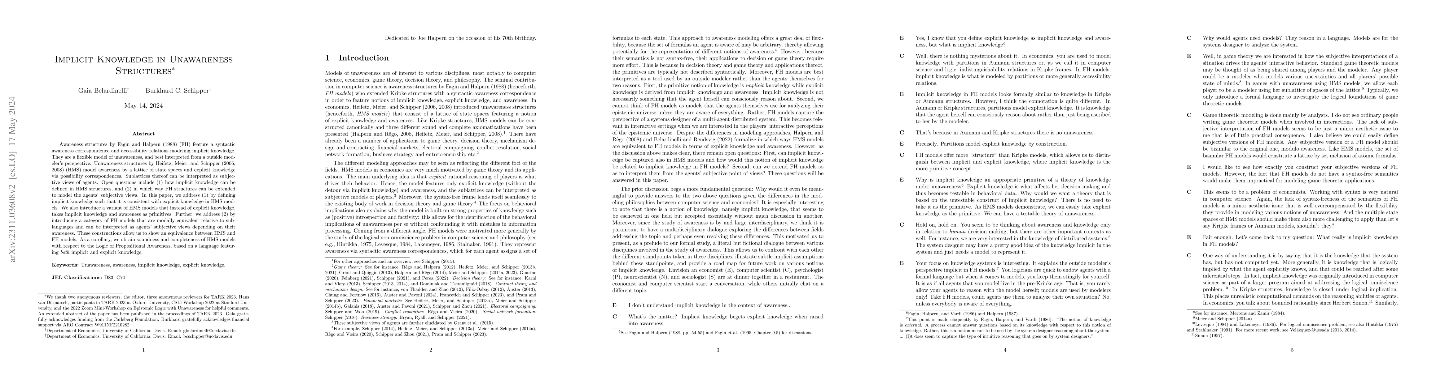 Thumbnail for Implicit Knowledge in Unawareness Structures