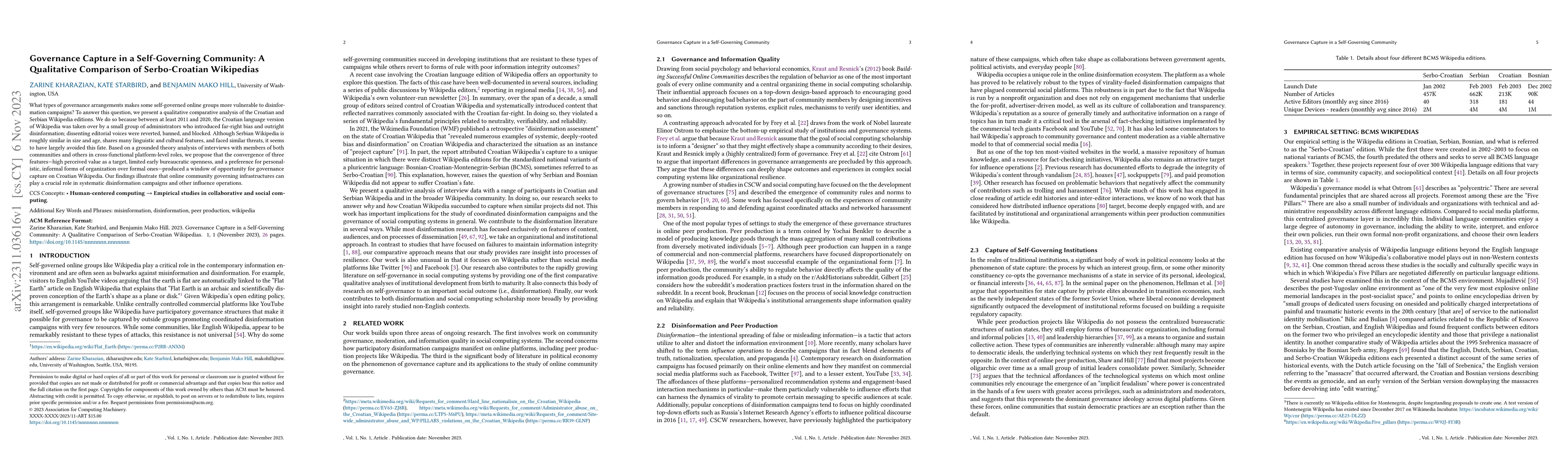 Thumbnail for Governance Capture in a Self-Governing Community: A Qualitative
  Comparison of the Serbo-Croatian Wikipedias
